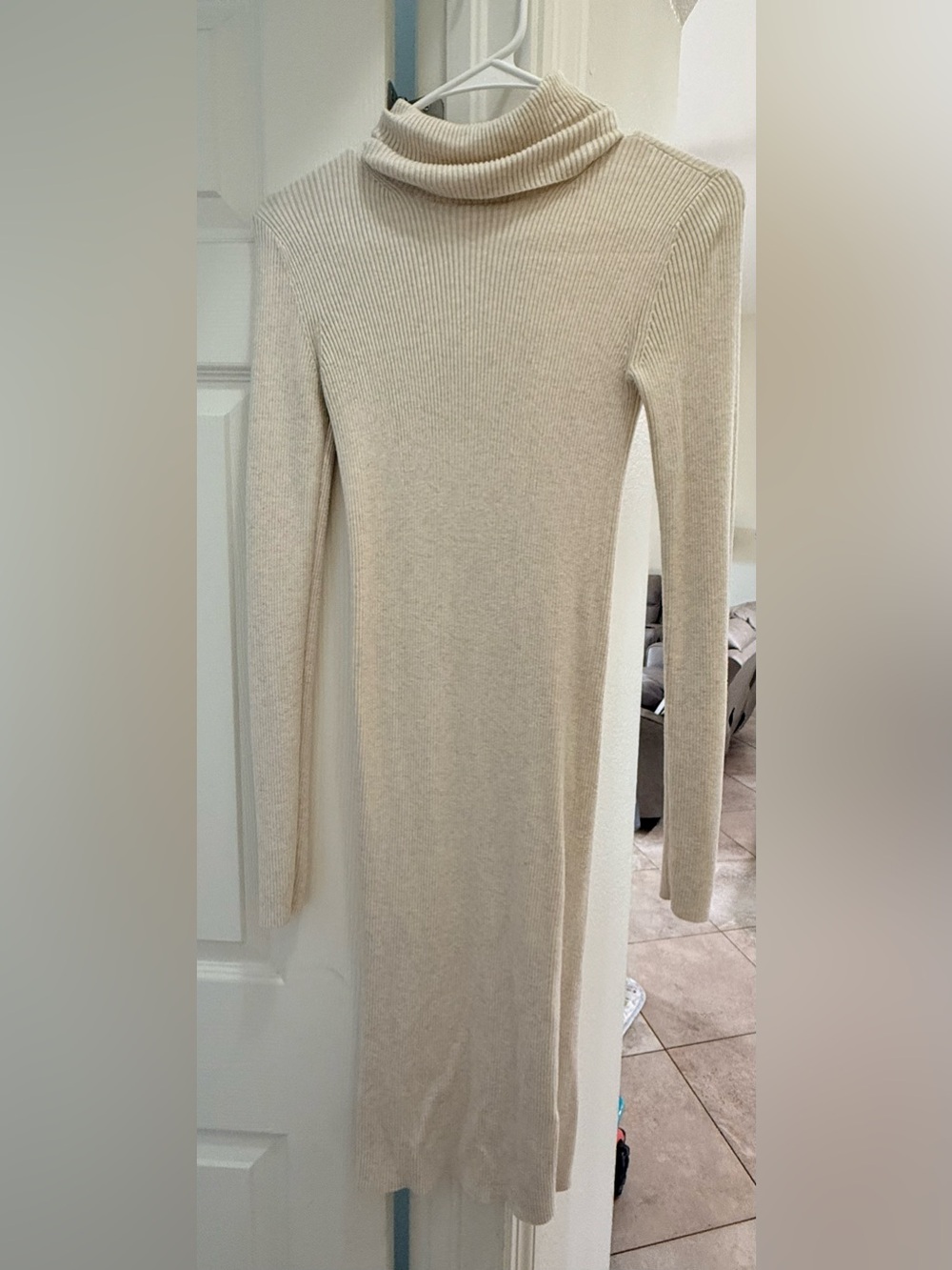 Express Ribbed Long Sleeve Knit Dress - Cream - Size XXS